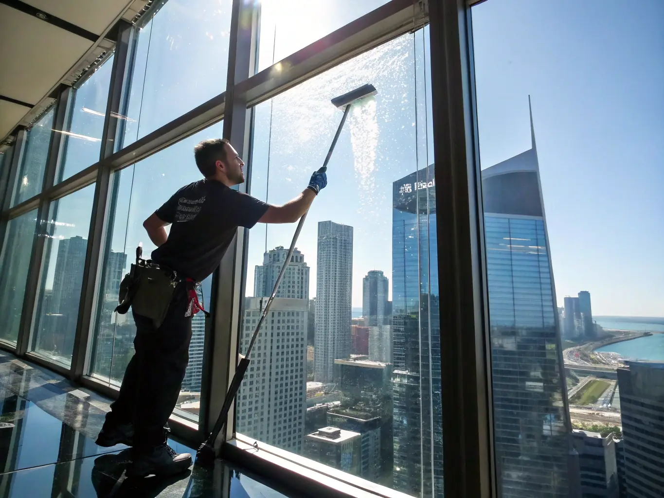 A technician using professional equipment to clean large windows on a commercial building, highlighting the specialized cleaning services.