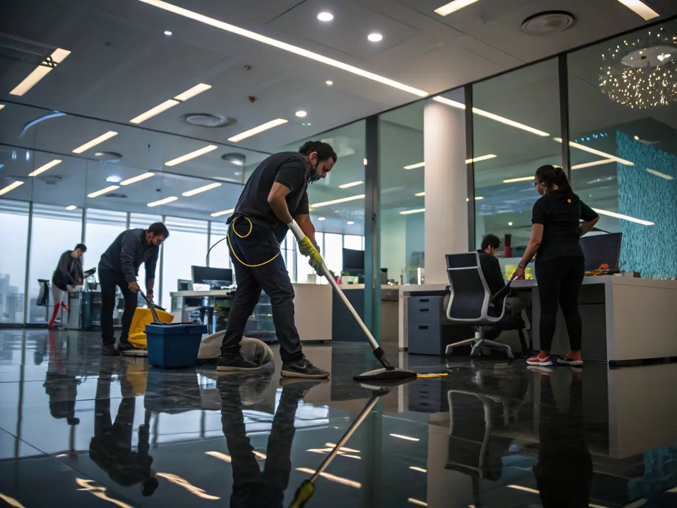 A modern office space being cleaned by a team of professional cleaners, emphasizing the commercial cleaning service.