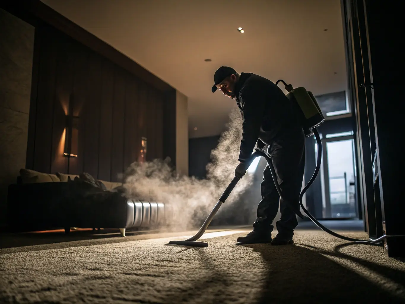 A brightly lit and spotless living room with a professional cleaner vacuuming the carpet, showcasing the residential cleaning service.