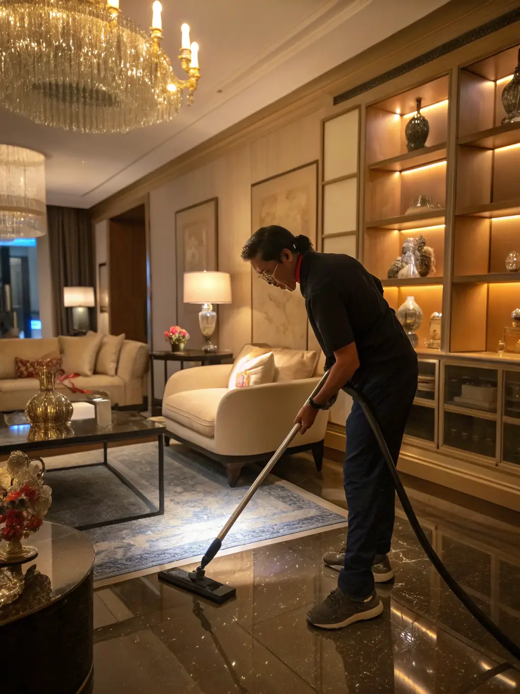 A modern, well-organized living room being cleaned by a professional cleaner from Lordshine Cleaning Co., showcasing attention to detail and a spotless finish.